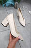 Туфлі на стійкому підборі жіночі шкіряні молочного кольору, фото 4