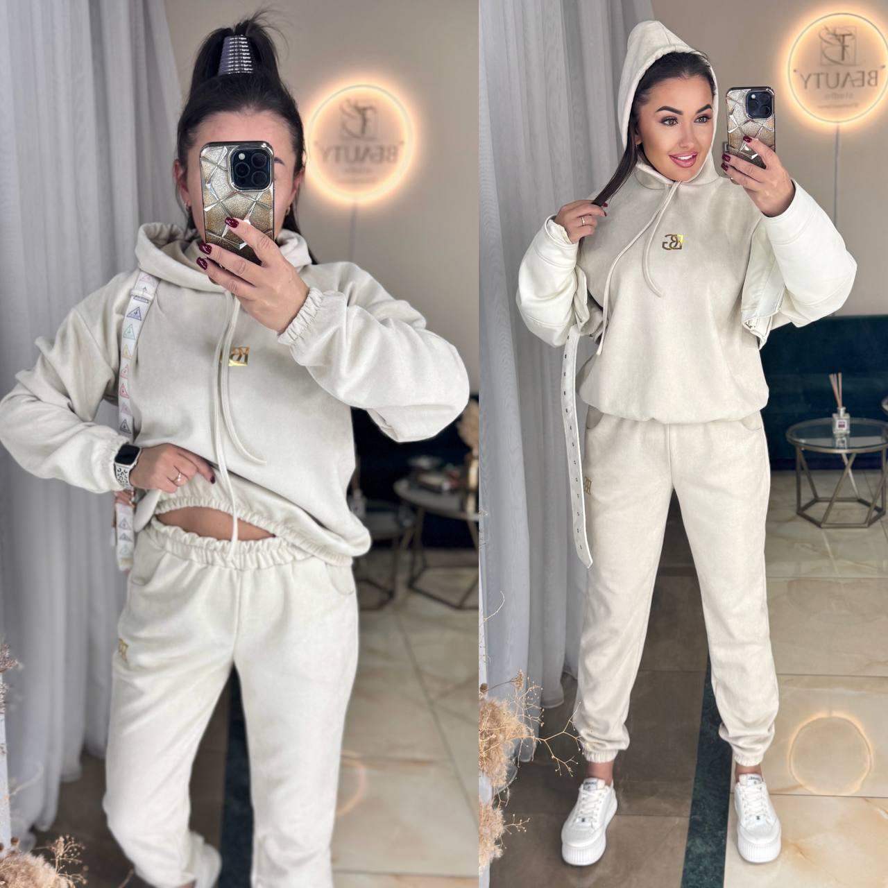 Жіночий базовий прогулянковий замшевий костюм осінній кофта худі штани на манжеті замш люкс не кашлатиться, фото 1