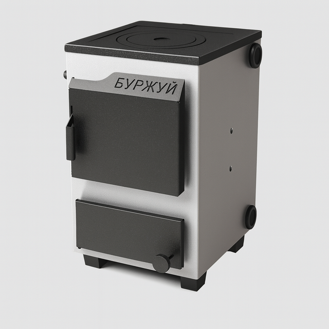 Котел БУРЖУЙ КП-12 з плитою — твердопаливний опалювально-варильний котел для дому Твердопаливний котел БУРЖУЙ КП-12 з чавунною плитою — опалювально-варильний котел на дровах