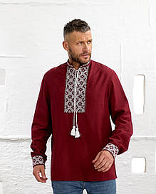 Вишиванка чоловіча "Бордо" з домотканого полотна та з широким манжетом