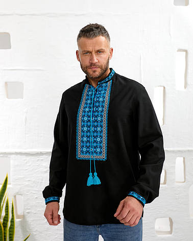 Вишиванка чоловіча "Стефан" з чорного домотканого полотна, фото 1