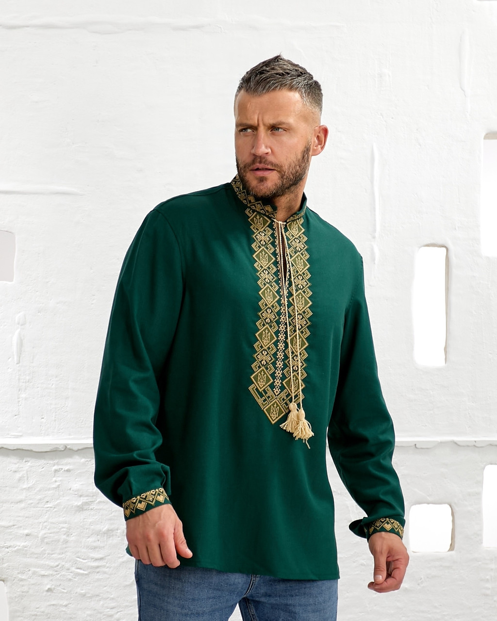Вишиванка чоловіча "Тризубці" ( зелене домоткане полотно)