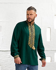 Вишиванка чоловіча "Тризубці" ( зелене домоткане полотно)