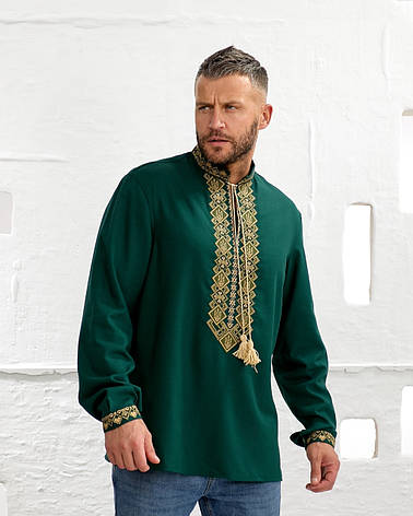 Вишиванка чоловіча "Тризубці" ( зелене домоткане полотно), фото 1