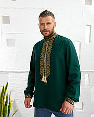 Вишиванка чоловіча "Тризубці" ( зелене домоткане полотно), фото 4