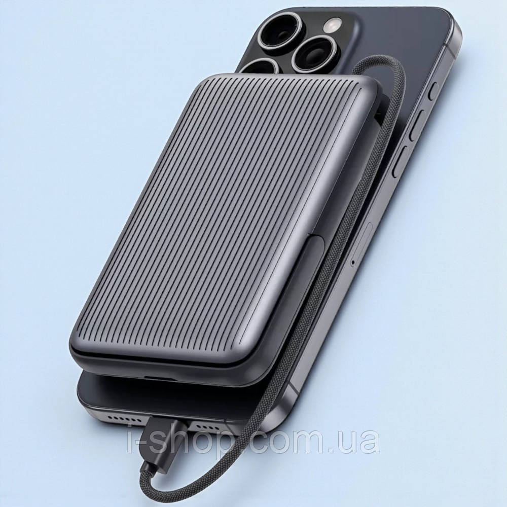 Повербанк із магсейф та кабелем Type-C Proove Moon Rock 2 in 1 10000mAh 22.5W сірий для iPhone та Android зі швидкою зарядкою Qi, фото 1