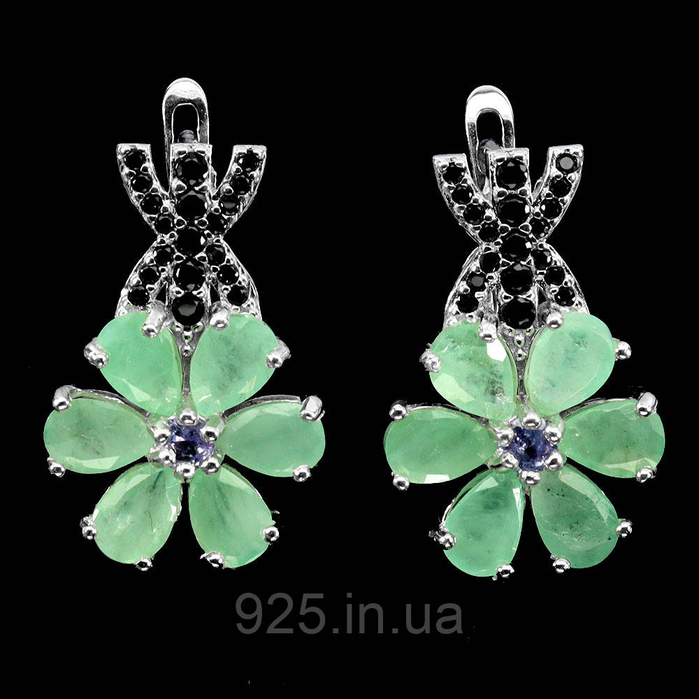 Сережки. Натуральний смарагд, шпінель і танзаніт. Срібло 925., фото 1