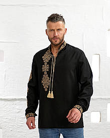 Вишиванка чоловіча з домотканого полотна "Еней" чорна з золотим