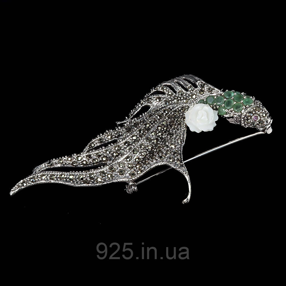 Брошка. Натуральний смарагд, марказит, перл і рубін. Срібло 925., фото 1