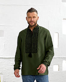 Вишиванка чоловіча "Миколай" з домотканого полотна кольору хакі