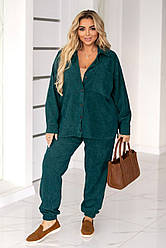 Жіночий костюм вельвет великі розміри сорочка і штани зелений