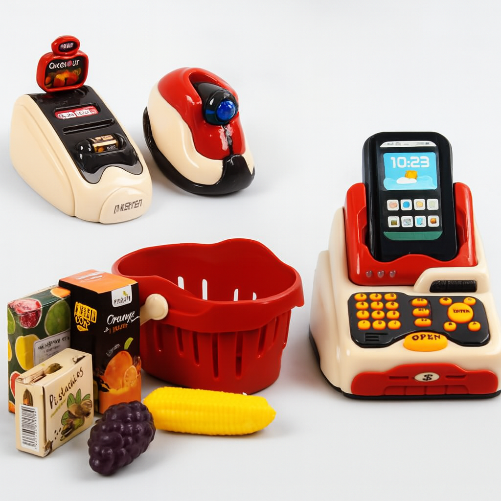 Дитячий касовий апарат "Home Supermarket" 24 предмети, світло, звук, сканер, термінал, продукти, фото 1