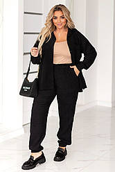 Вельветовий костюм чорний батал зі штанами вільна сорочка довгий рукав