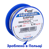 Припій з флюсом для паяння олов'яно-свинцевий Cynel (S-Sn60Pb40 sw26/3/2.5%) 100 гр (1 мм)
