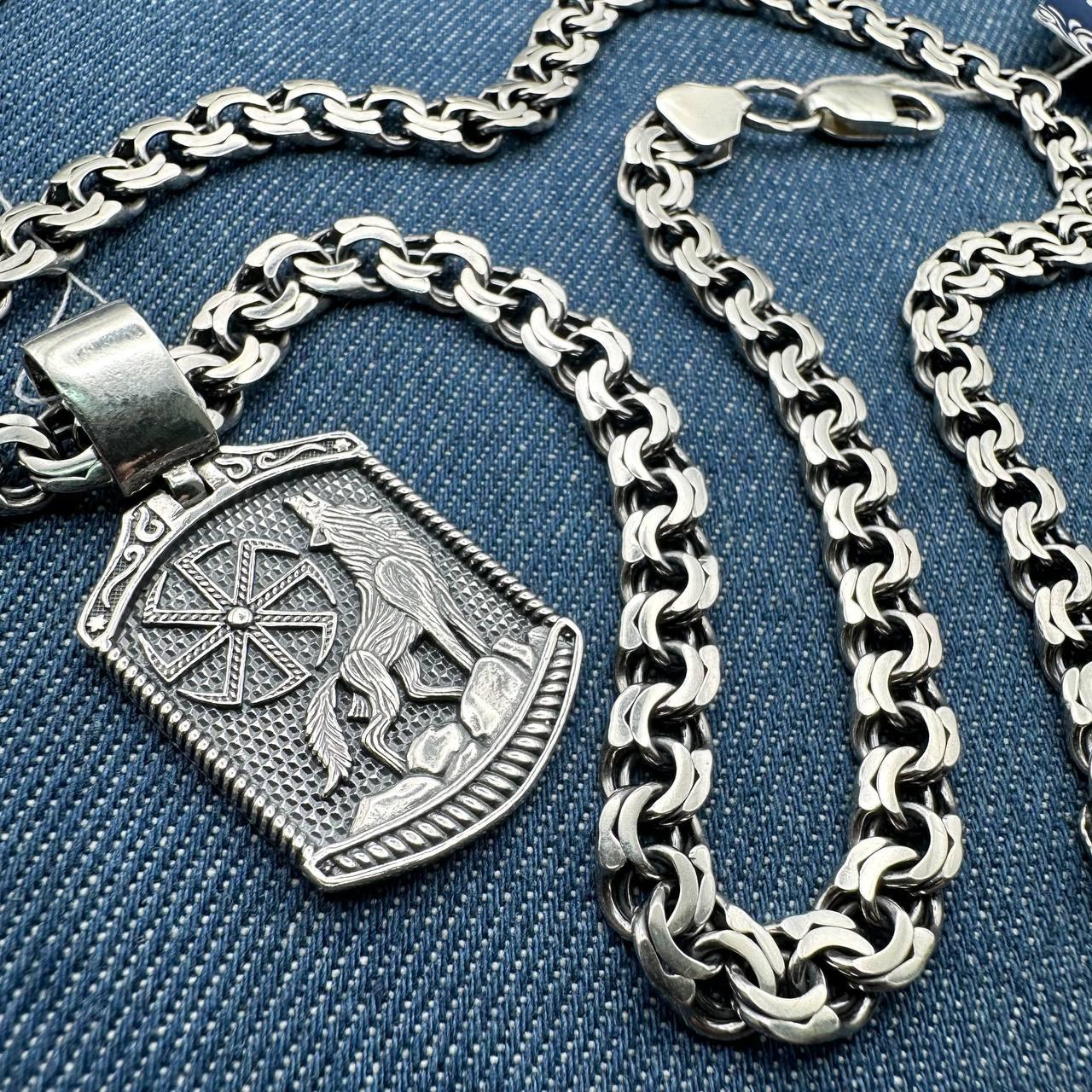 Кулон коловрат з вовком та ланцюжок плоский бісмарк 925 проба чорніння комплект, фото 1