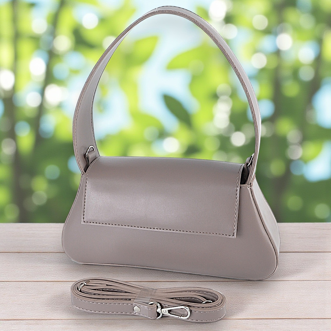 Жіночий клатч сумка через плече темно бежева маленька сумочка з плечовим ременем з екошкіри, фото 1