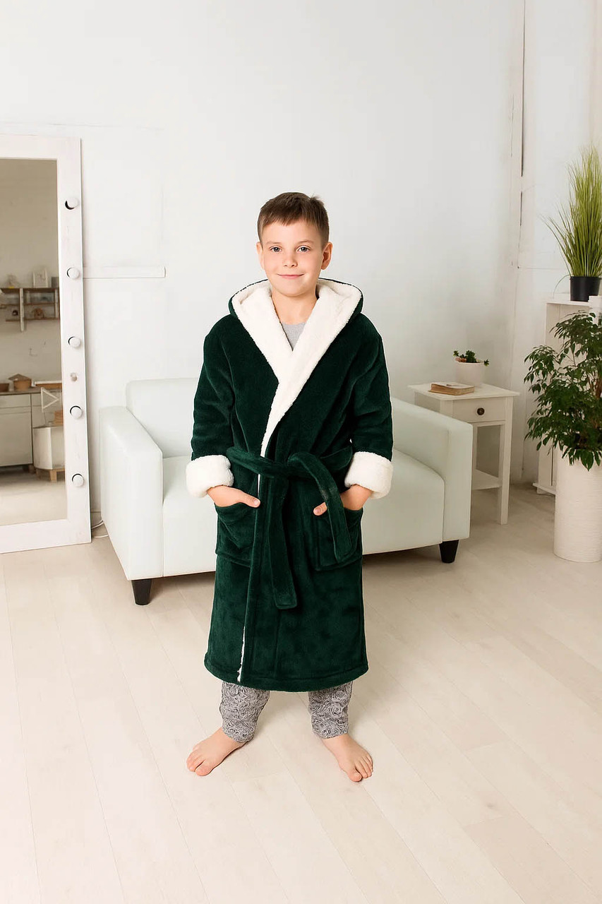 Халат дитячий махровий з капюшоном для хлопчика, зелений з білим коміром, софт-махра, фото 1