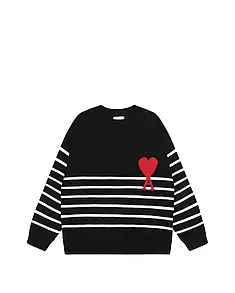 AMI Paris Ami De Coeur Striped Cotton And Wool Sweater Black M