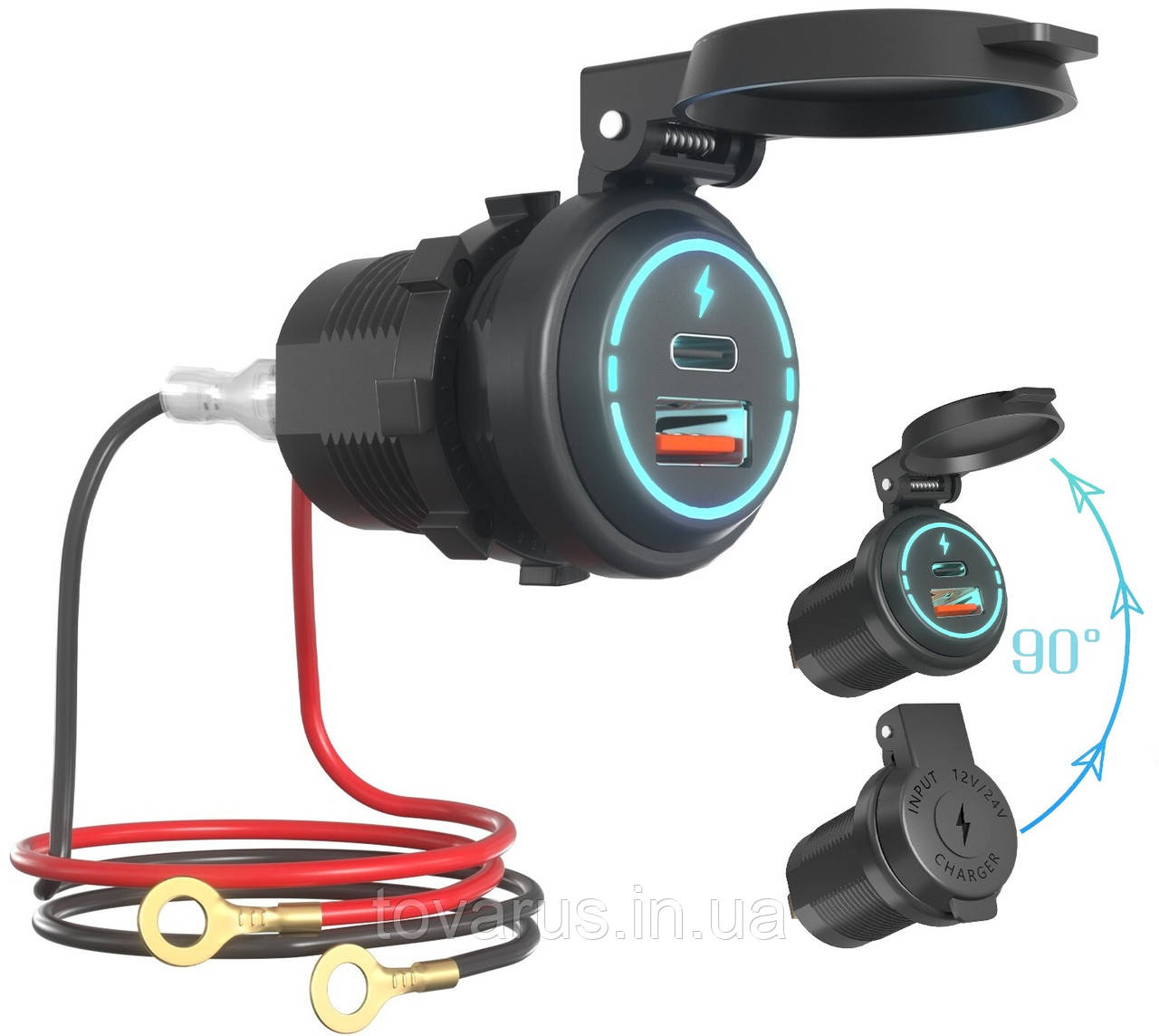 IP66 Автомобільна врізна зарядка 12-24V USB QC 3.0 + PD Type-C з кришкою на пружині, фото 1