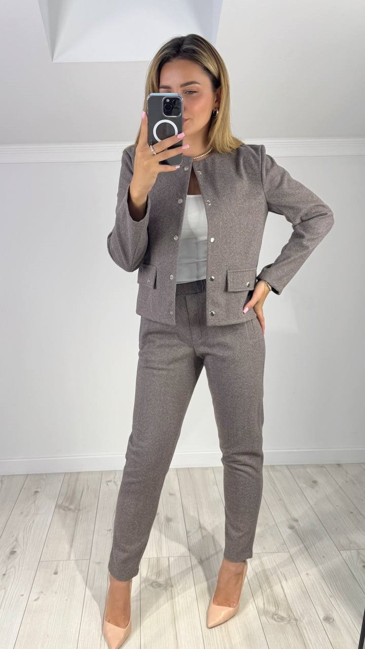 Жіночий теплий брючний вовняний костюм, Піджак з Брюками 42-44,46-48,50-52,54-56,58-60 шоколад, фото 1