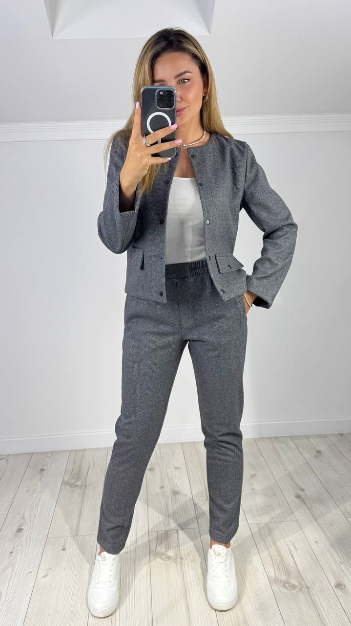 Жіночий теплий брючний вовняний костюм, Піджак з Брюками 42-44,46-48,50-52,54-56,58-60 графіт, фото 1