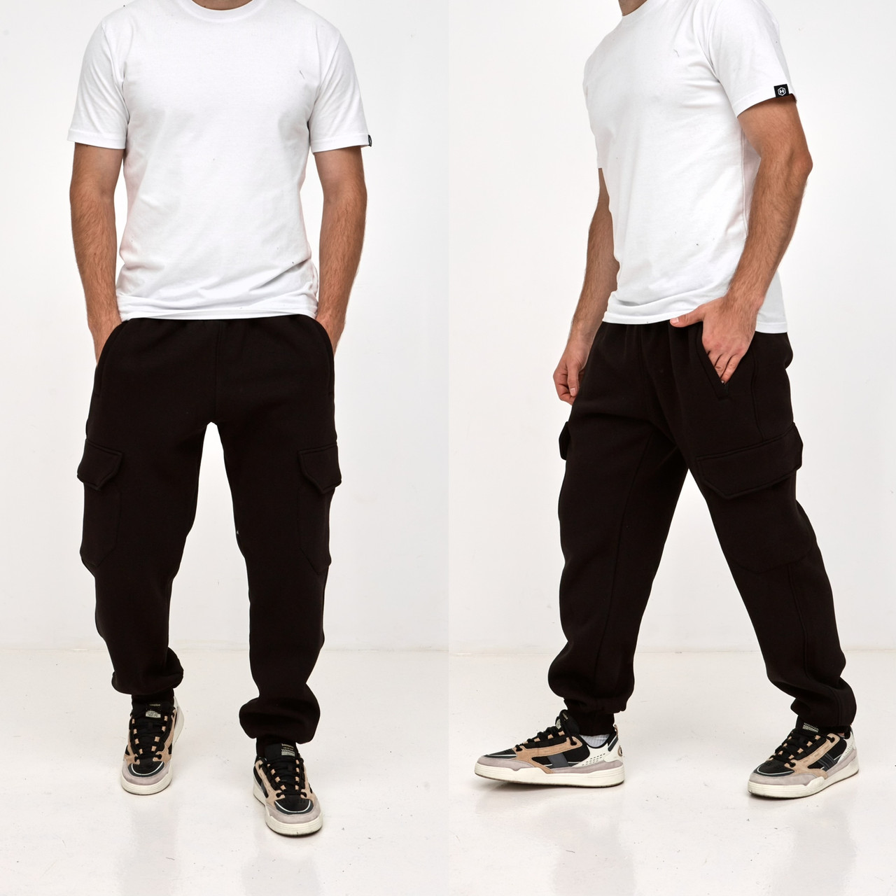 Спортивні теплі чоловічі штани Hector карго з кишеннями зимові з манжетом футер тринитка на флісі чорні