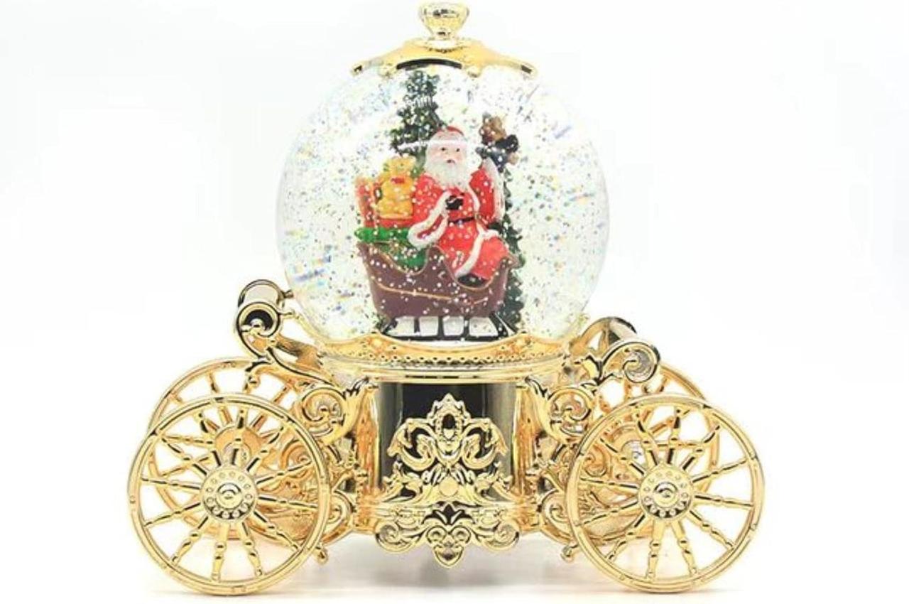 Новорічний музичний ліхтар-нічник з підсвічуванням і снігом Карета з Дідом Морозом USB+батарейки N0321, фото 1
