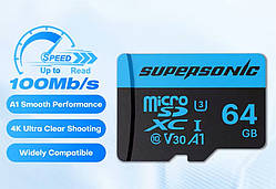 Карта пам'яті SuperSonic MicroSD UHS-I U3 V30 A1 64 GB + адаптер для смартфона, камери, дрону