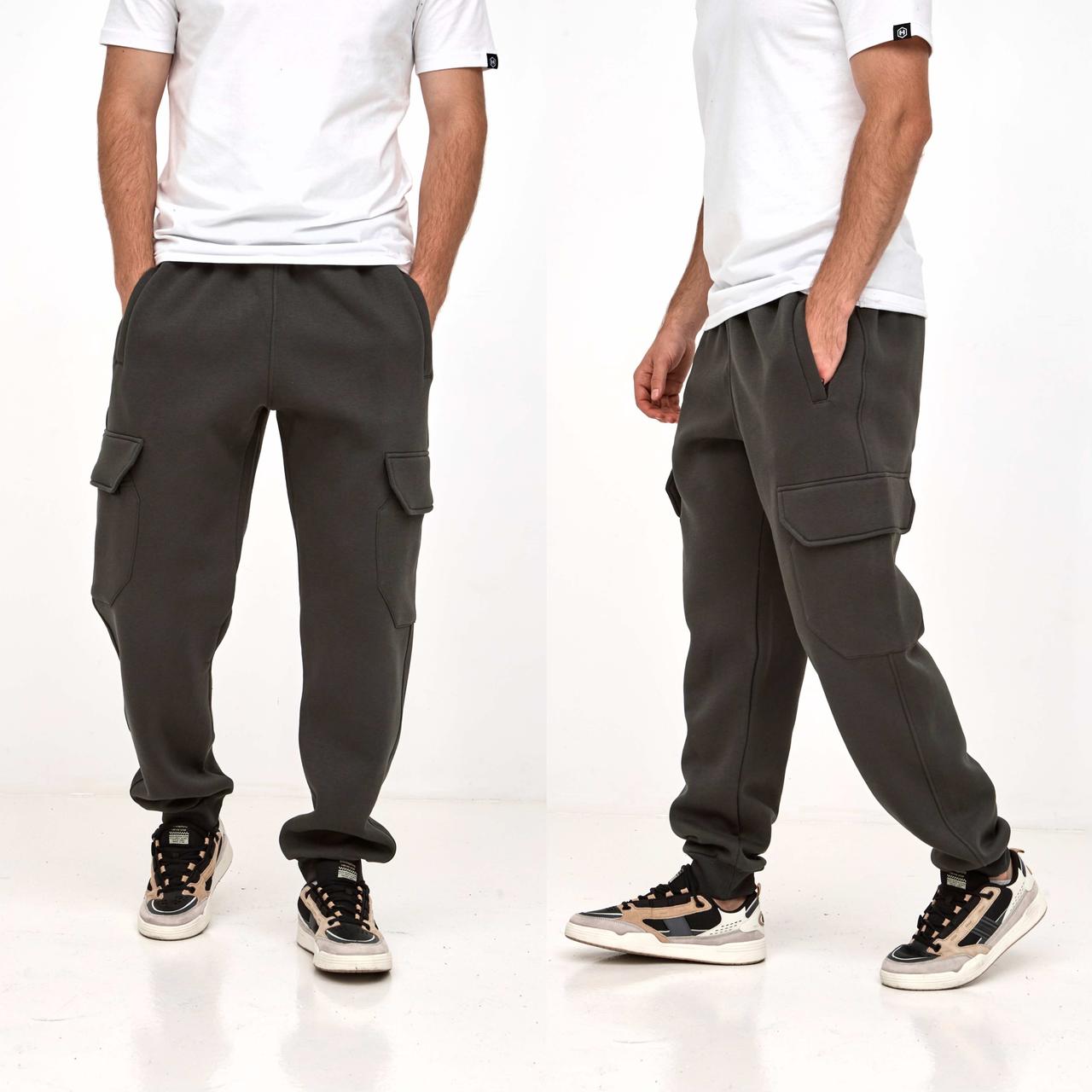 Спортивні теплі чоловічі штани Hector карго з кишеннями зимові з манжетом футер тринитка на флісі темний хакі