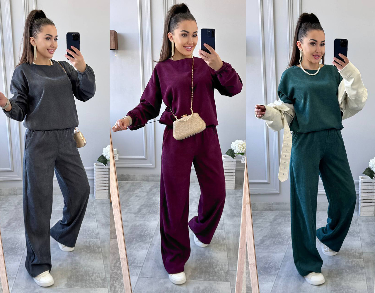 Костюм двійка із турецького мікровельвету Мод : 771-987 Кольори: Графіт, Бургунді, Пляшка, фото 1