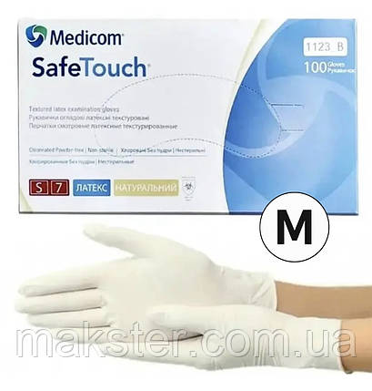 Рукавички латексні без пудри текстуровані Medicom SafeTouch, 100 шт/уп, нестерильні, діагностичні M, фото 1