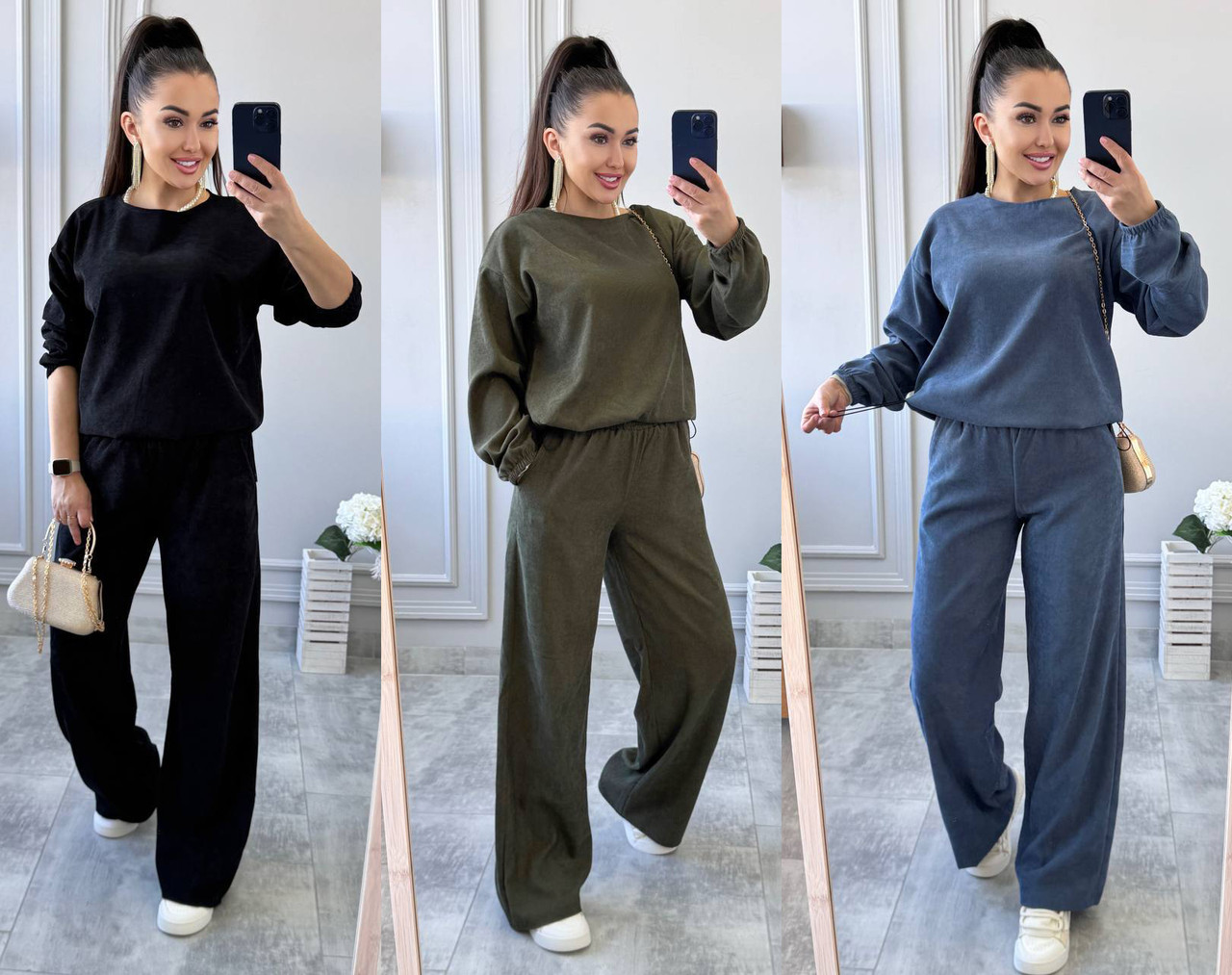 Костюм двійка із турецького мікровельвету Мод : 771-987 Кольори: Чорний, Хакі, Джинсовий, фото 1