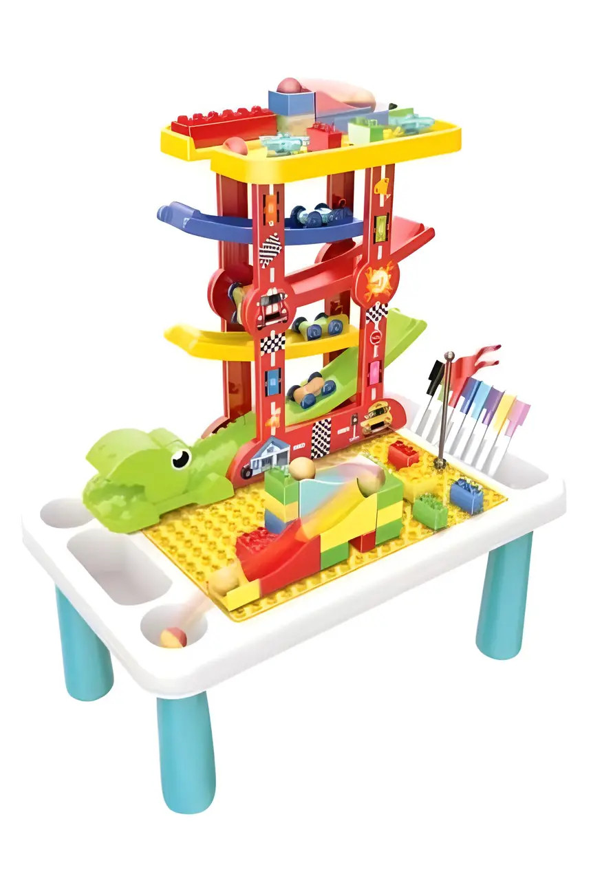 Гра Веселий трамплін 7 рівнів 5в1 столик конструктор 4 машинки 8 фломастерів 49*68*30,5см (6849), фото 1