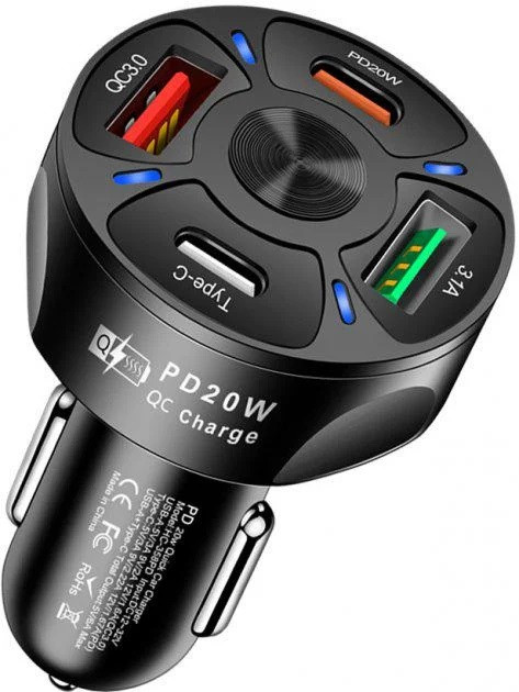 Зарядний пристрій автомобільний Xiamen 2 USB 2Type-C PD20W QC 3.0 Black (050551), фото 1