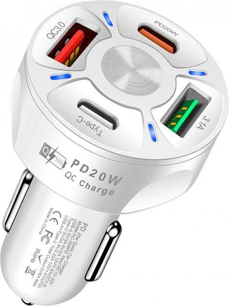 Зарядний пристрій автомобільний Xiamen 2 USB 2Type-C PD20W QC 3.0 White (050552), фото 1