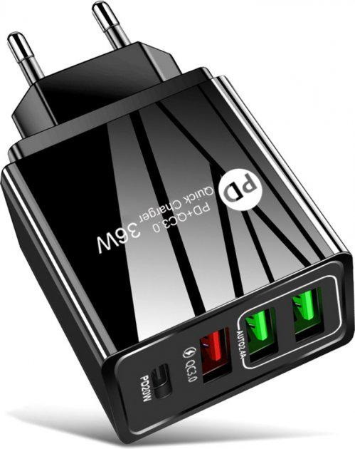 Зарядний пристрій мережевий Xiamen 3 USB Type-C Super Charge/Quick Charge 36 W Black (050561), фото 1