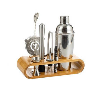 Набір для бару BAR для приготування коктейлів із дерев'яною підставкою 750 мл 10 предметів Сріблястий (C051210)