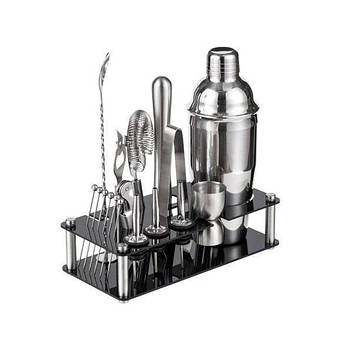 Набір для бару BAR для приготування коктейлів із підставкою 700 мл 17 предметів Чорно-сріблястий (C051211)