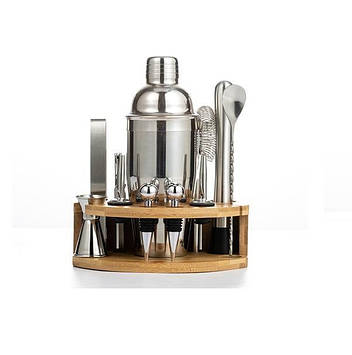 Набір для бару BAR для приготування коктейлів із дерев'яною підставкою 750 мл 12 предметів Сріблястий (C051212)
