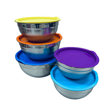 Набір мисок із неіржавкої сталі з пластиковими кришками Stenson R93600 18/20/22/24/26 см 5 шт Різнокольоровий (23460)