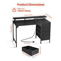 Комп'ютерний стіл VEVOR з розумним світлодіодним освітленням та розетками, робоча станція з 4 великими шухлядами та підставкою для