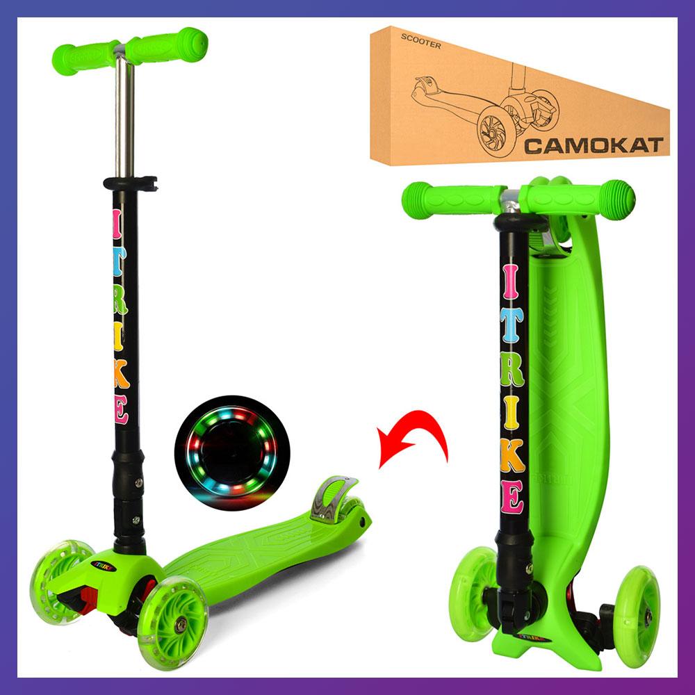 Дитячий міський самокат триколісний iTrike MAXI JR 3-003-1-GR з підсвіткою колеса Зелений, фото 1