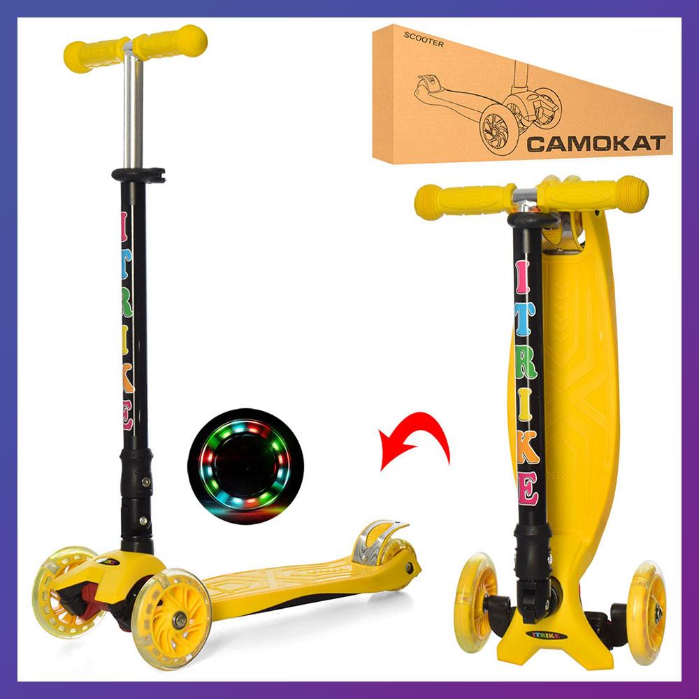 Дитячий міський самокат триколісний iTrike MAXI JR 3-003-1-Y з підсвіткою колеса Жовтий, фото 1