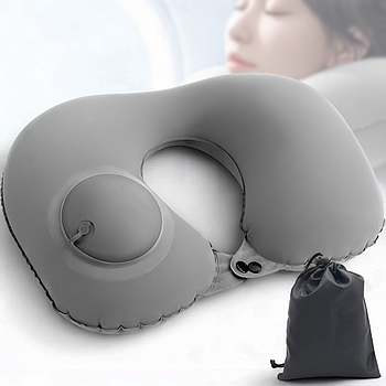 Дорожня надувна подушка для шиї з вбудованим насосом 30х28х12 см