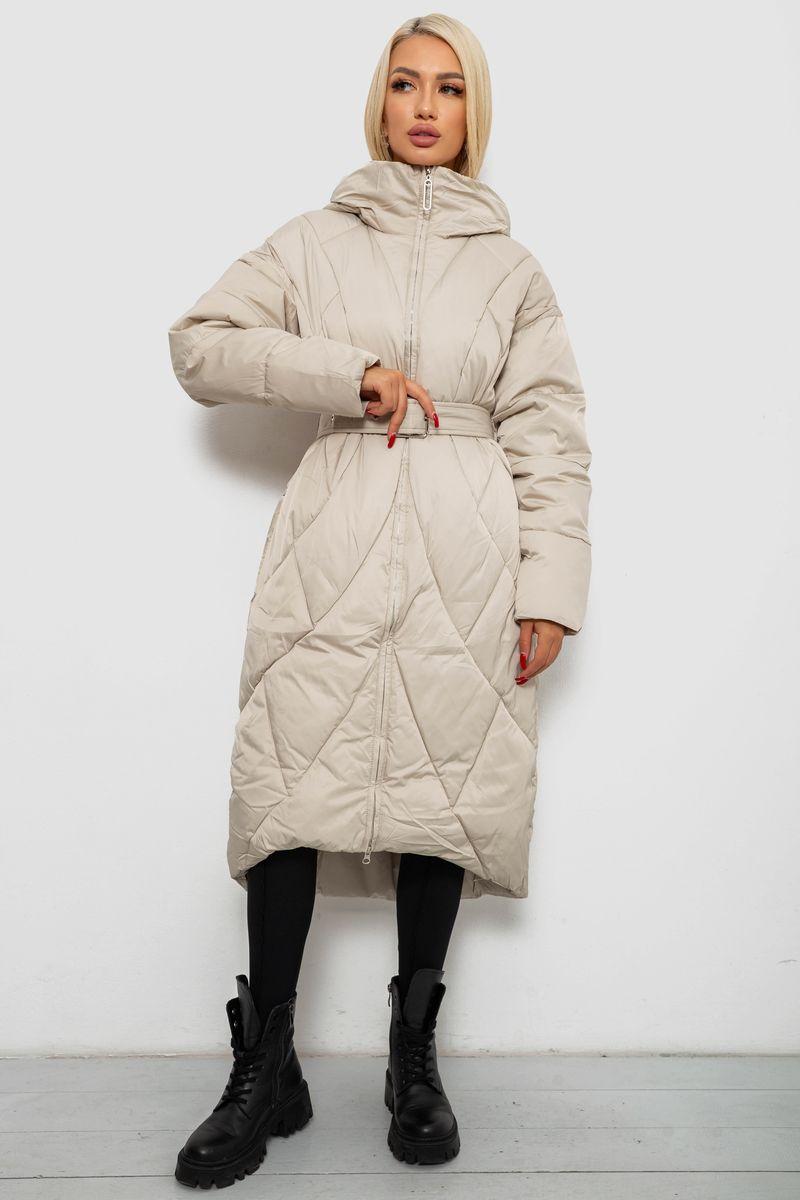 Жіноча Зимова Куртка Світло Бежева Однотонна Довга На Синтепоні З Капюшоном Та Кишенями Shopingo - фото 1 - id-p2781391670