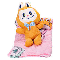 Labubu м яка іграшка 54 см з прихованим пледом 100×150 см, помаранчева плюшева іграшка-сюрприз