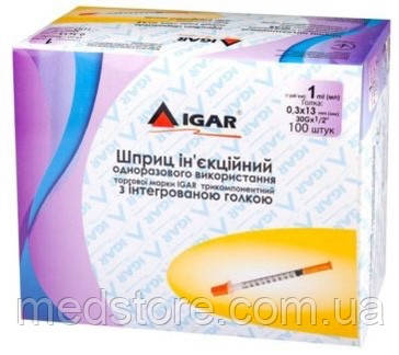 Шприци 1мл ін’єкційний ТМ IGAR трикомпонентний «Луер», інтегрована голка 0,4×13 мм 27G (100 штук), фото 1