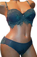 Комплект женского белья бюстгальтер пуш-ап 75В без косточек трусики американки р 44 S зеленый