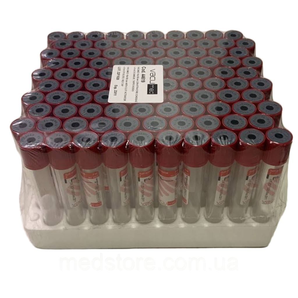 Пробірка вакуумна  9 мл з активатором згортання червона кришка 16х100 мм (100 шт/уп), фото 1