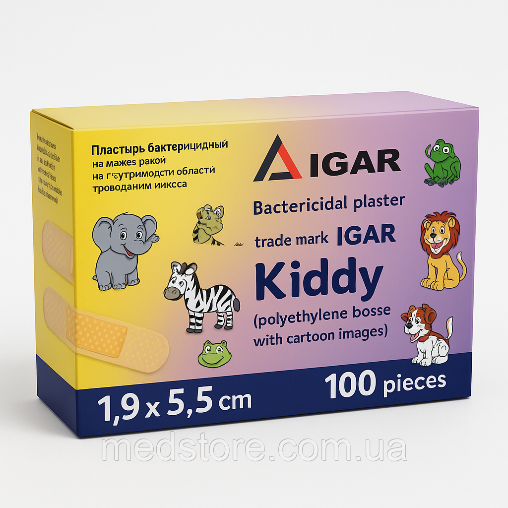 Пластирі бактерицидні ІГАР тип Дитячий (на поліетиленовій основі з малюнками) 1,9 х 5,5 см., фото 1